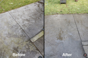 concrete patio in Maple Ridge growing algae and slime on it before pressure washing and after