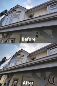 technician in Langley, BC soft washing gutter facing and siding as part of a house washing service