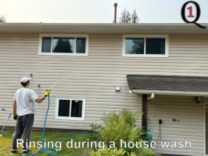 Technician Pavlo rinsing vinyl siding during a Coquitlam house washing service