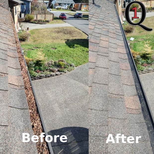 Hidden gutter system in Surrey full of tree debris before and after cleaning