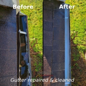 Coquitlam Gutter Repairs Gutter in Coquitlam that is full of debris and is detached from house cleaned and repaired
